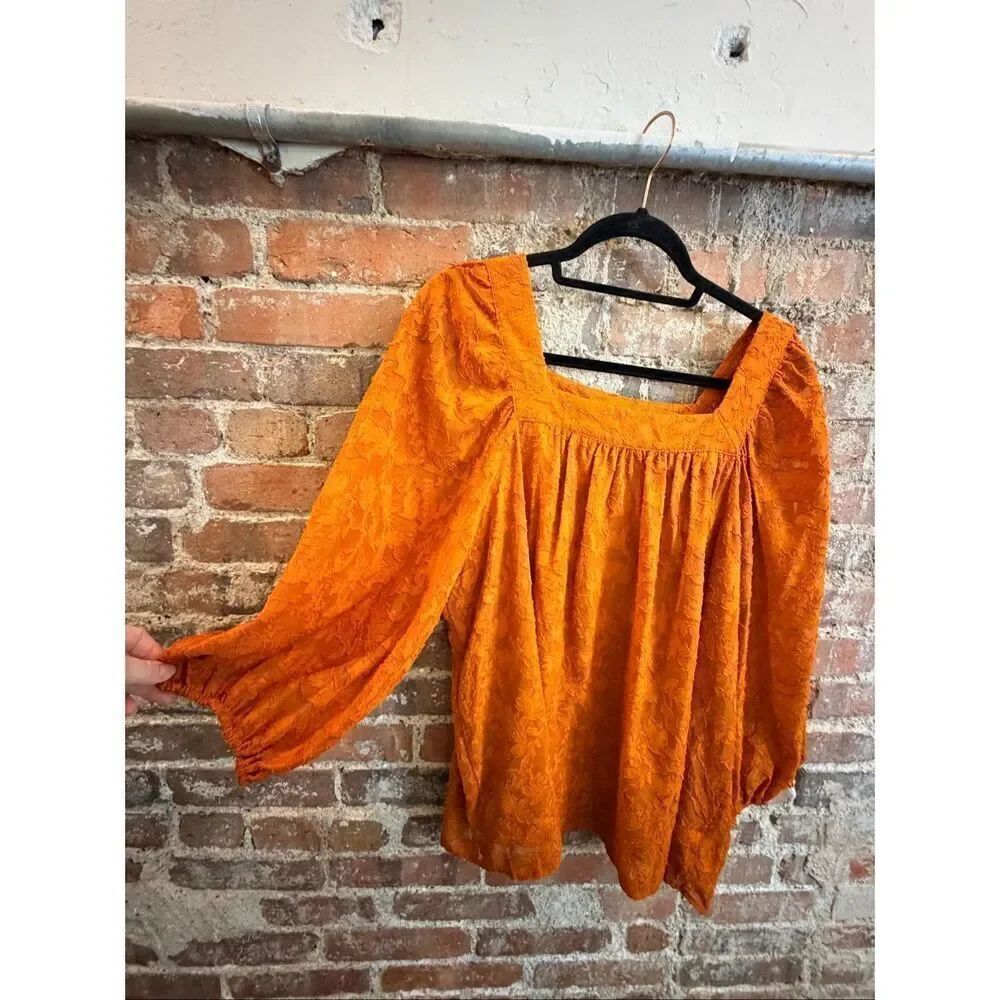 Lauren Conrad • Burnt Orange Floral Texture 3/4 Sleeve Square Neck Puff Sleeve L